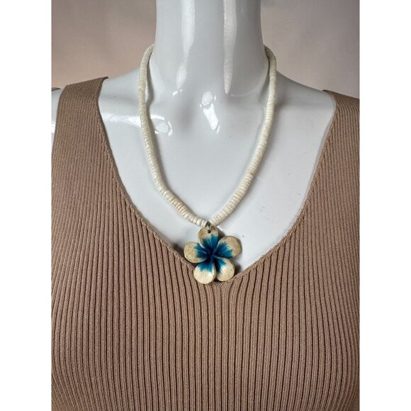 Vintage Shell & Bead Necklace With Hand-Painted Blue Floral Pendant - Picture 1 of 16